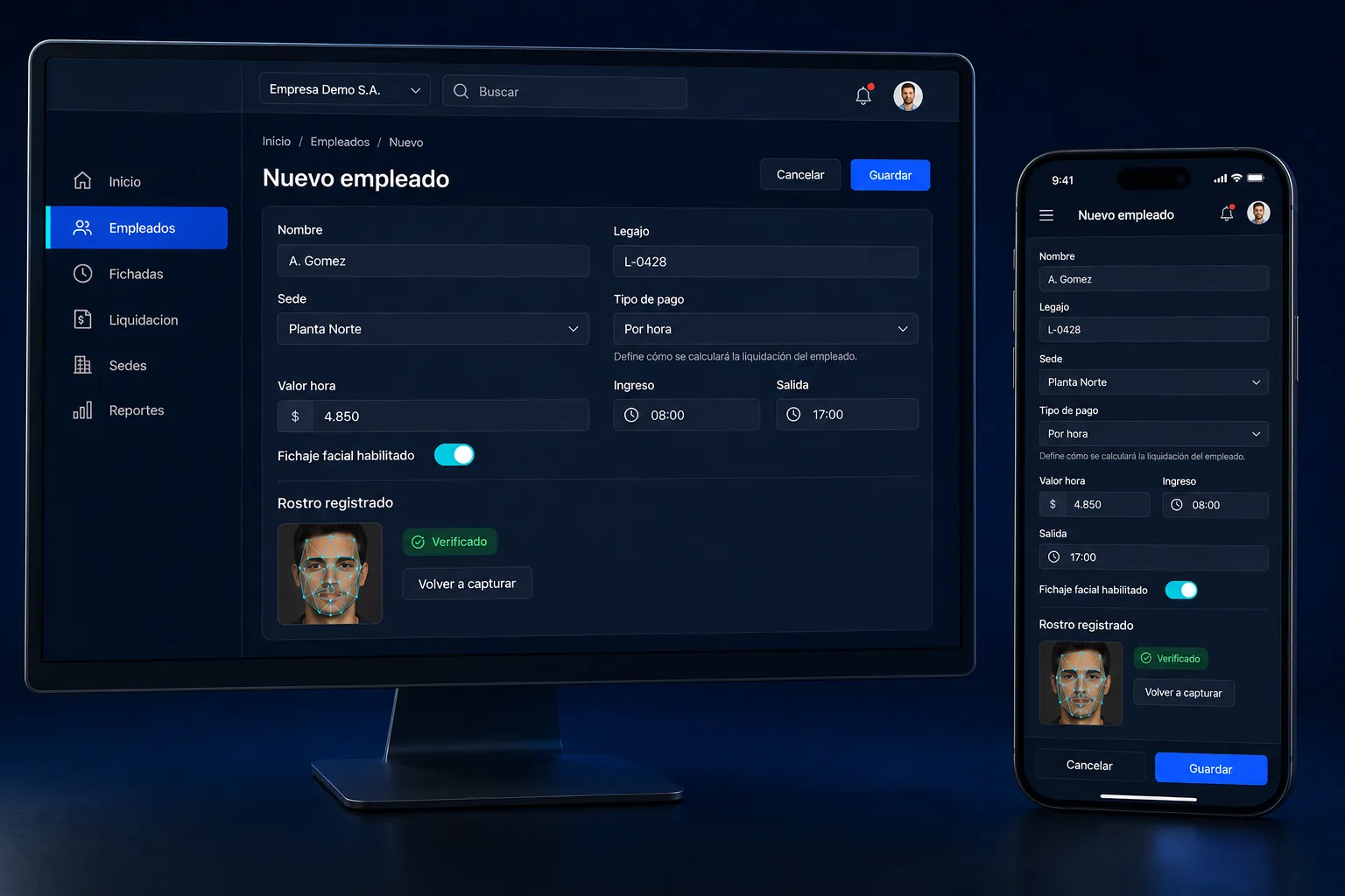 Formulario de alta de empleado en el panel web, con sede, tipo de pago, valor hora y el rostro registrado
