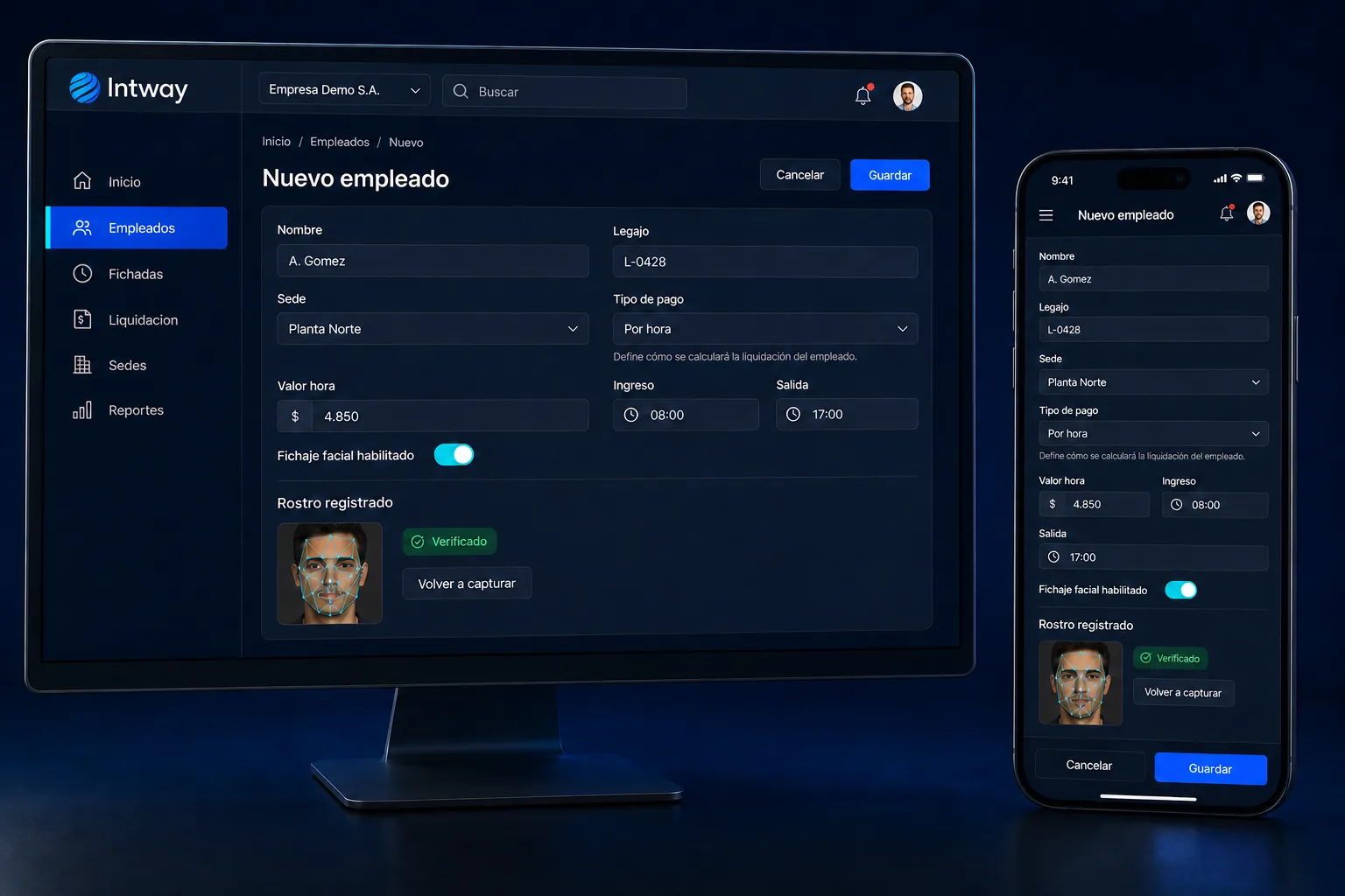 Formulario de alta de empleado en el panel web, con sede, tipo de pago, valor hora y el rostro registrado
