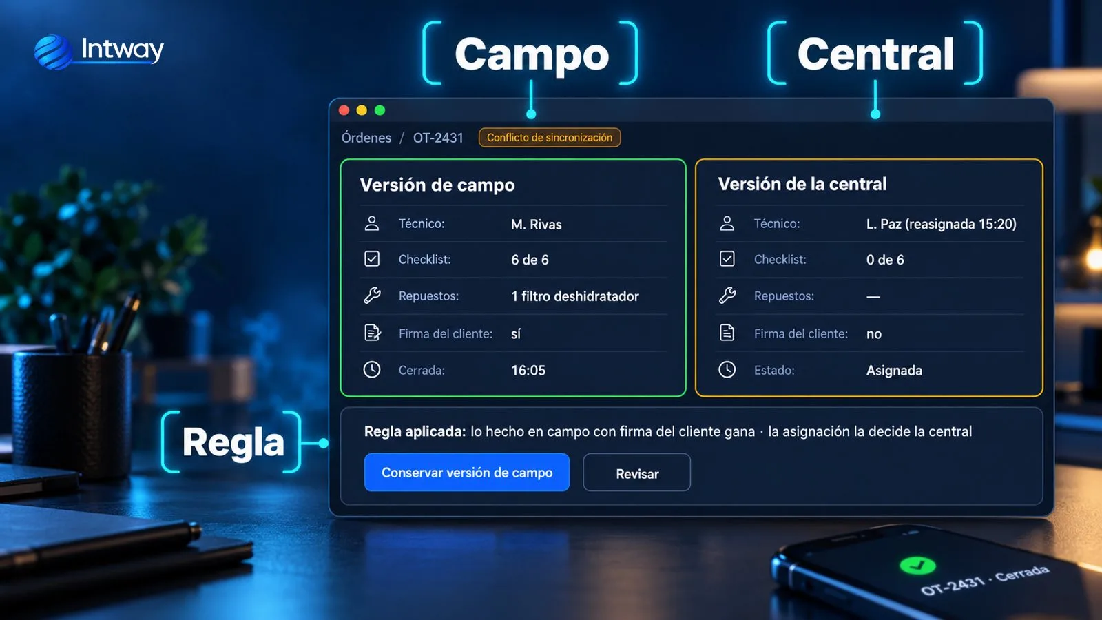 Panel con la versión de campo y la versión de la central de una misma orden, lado a lado