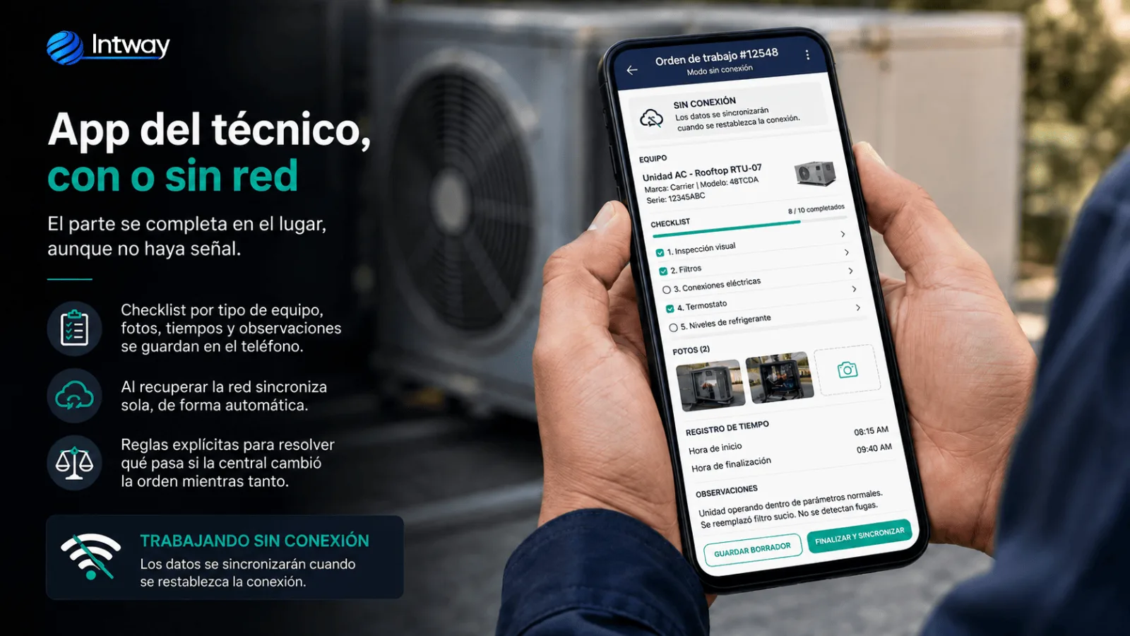 App móvil del técnico cargando el parte de trabajo sin conexión