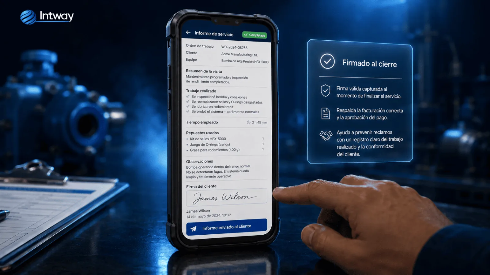 Informe de servicio firmado por el cliente desde el dispositivo