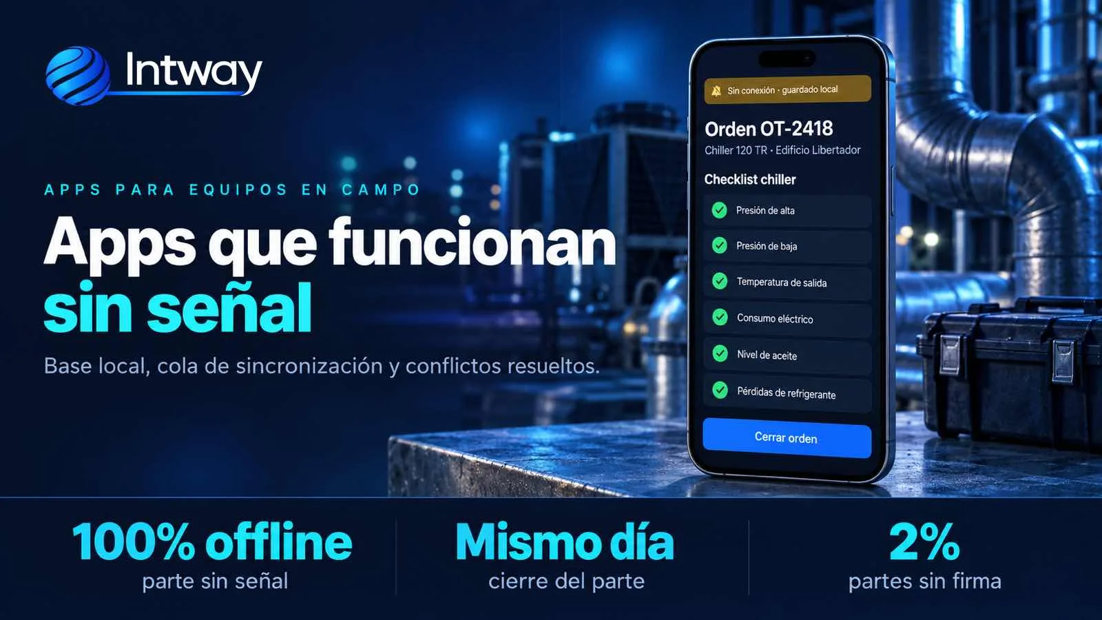 Celular con la app de órdenes de trabajo funcionando sin señal en una sala de máquinas