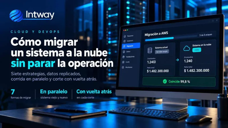 Monitor con el panel de una migración a la nube comparando el sistema actual con el sistema en AWS